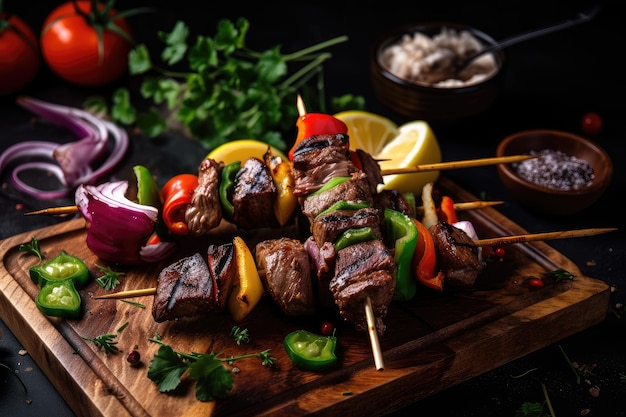 Grilled beef shishkabob on wooden skewer with mix of veggies