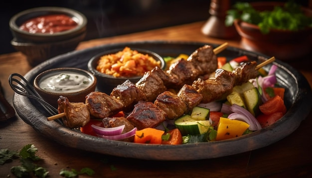 Grilled beef skewers with fresh vegetables and spices generated by AI