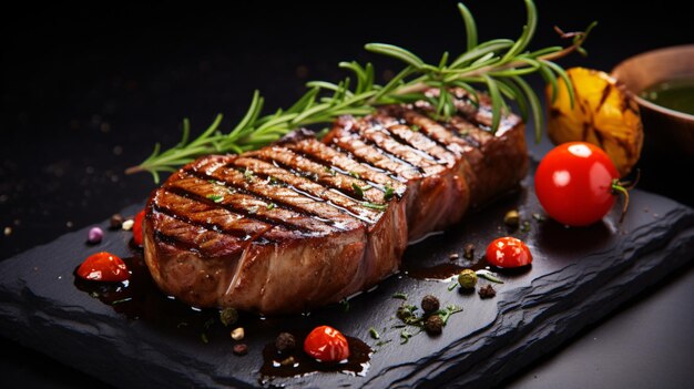 Grilled beef steak on black table