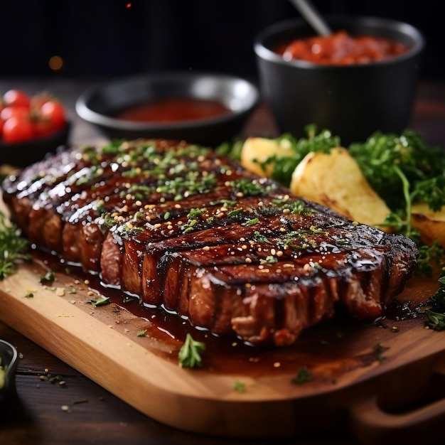 Grilled beef steak on cutting board with herbs and sauce on wooden background