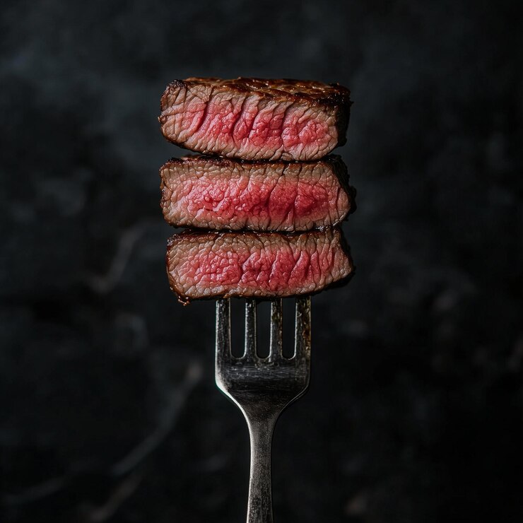 grilled beef steak on a fork
