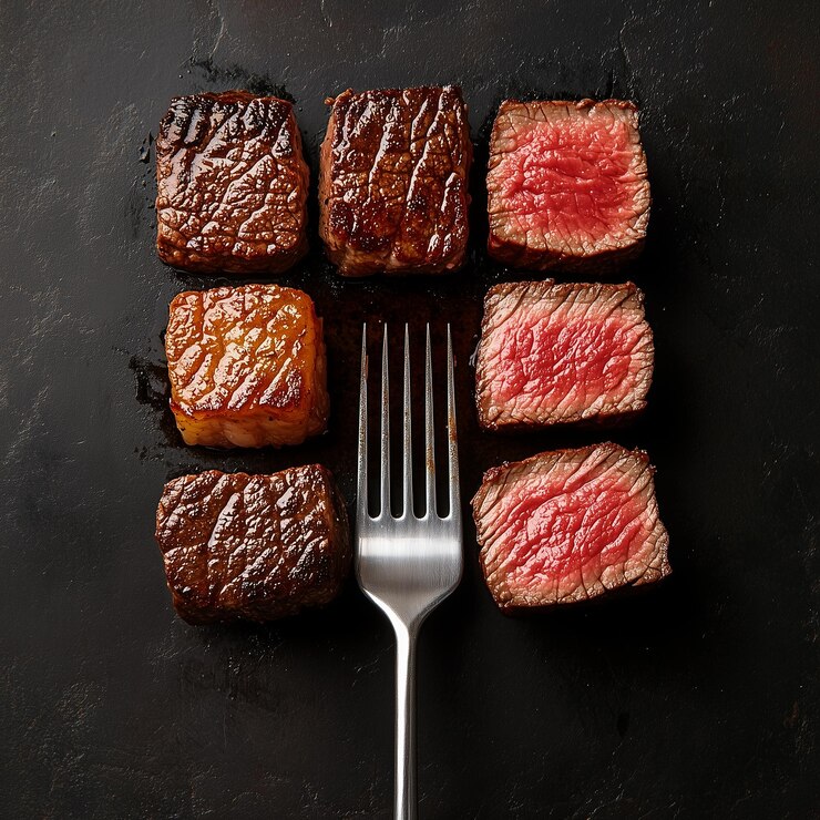 grilled beef steak on a fork