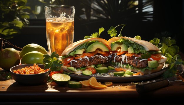 Photo grilled beef steak fresh tomato guacamole and refreshing drink generated by artificial intelligence