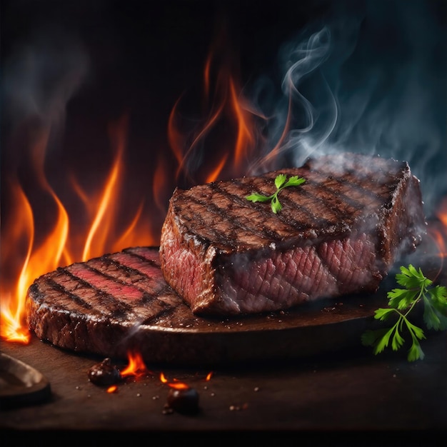 A grilled beef steak juicy with smoke and fire