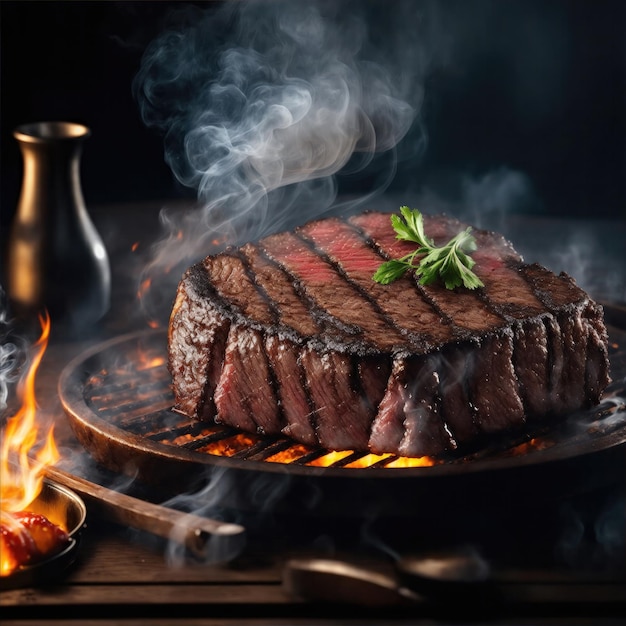 A grilled beef steak juicy with smoke and fire