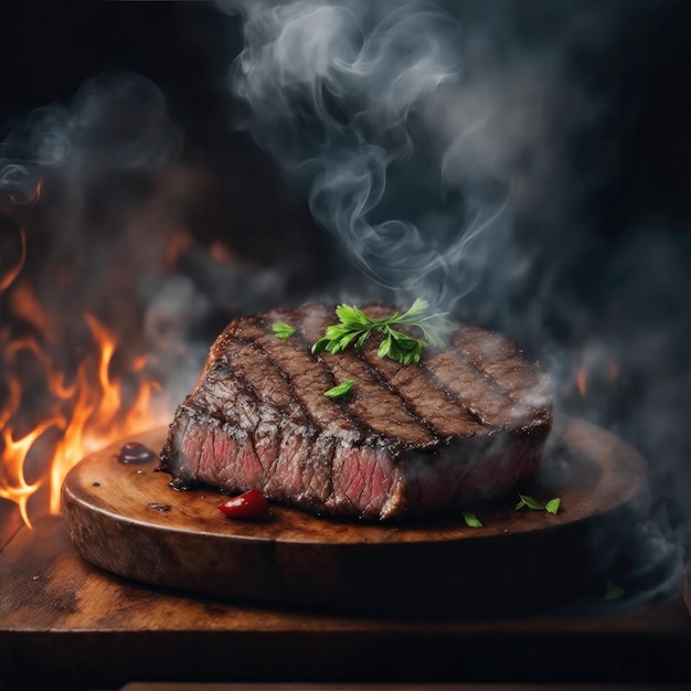 A grilled beef steak juicy with smoke and fire