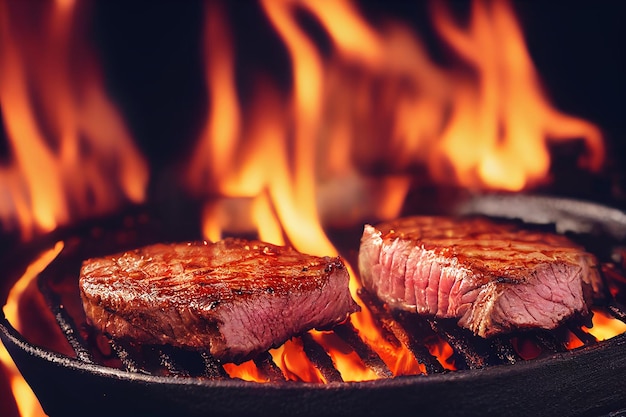 Grilled beef steak medium rare on fire Selective Focus 3D Illustration