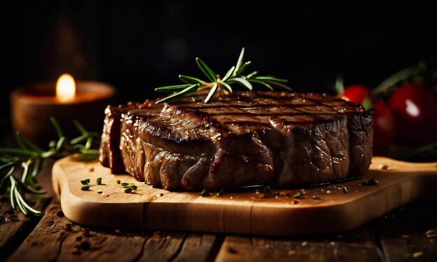 焼いた牛肉ステーキ 中等 珍しい ステーキ 木製の板で 選択された焦点