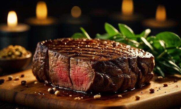 grilled beef steak medium rare steak on wooden board selected focus