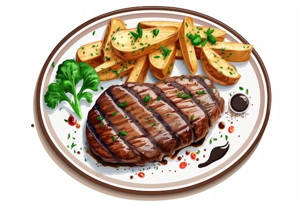 Grilled beef steak and potatoes isolated on white background top view