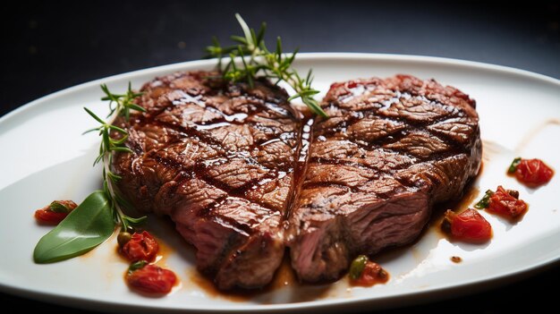 Grilled beef steak in shape of heart for Valentines day on a white plate top view with copy space