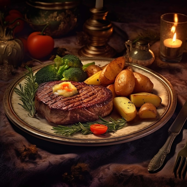 Grilled beef steak with baked potatoes and rosemary on black background