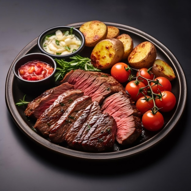 Grilled beef steak with baked potatoes and tomatoes on a black background