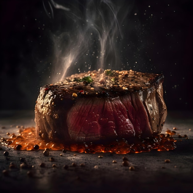 Grilled beef steak with herbs and spices on a black background
