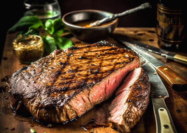 Grilled beef steak with herbs and spices on a cutting board