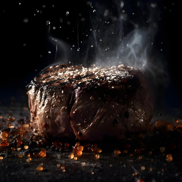 Grilled beef steak with pomegranate and smoke on black background