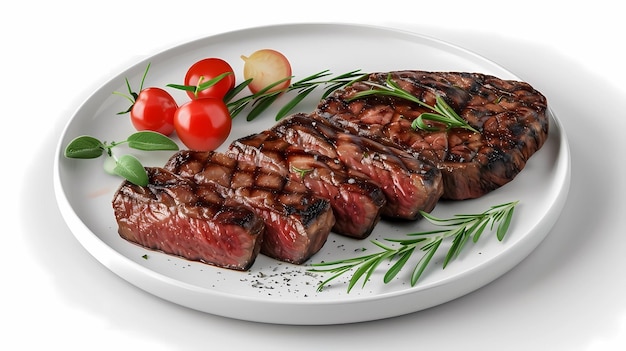 Grilled beef steak with rosemary and cherry tomatoes on white background