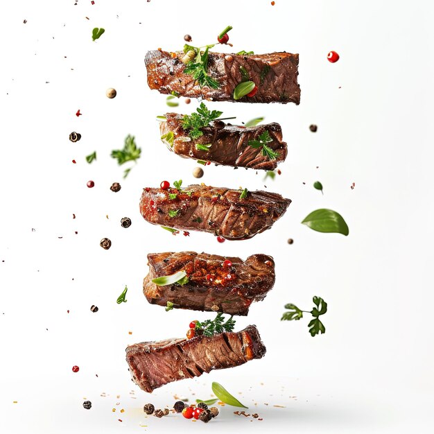 Grilled beef steak with rosemary on a fork Hot steak with smoke on awhite background