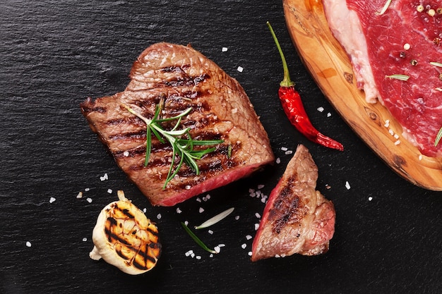 Grilled beef steak with rosemary salt and pepper