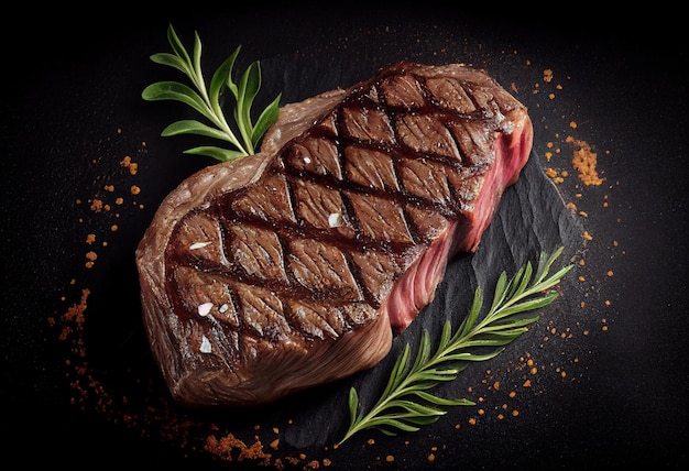 Grilled beef steak with rosemary and spices on a black background