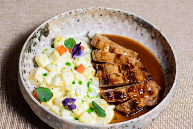 Grilled beef steak with salad on a plate