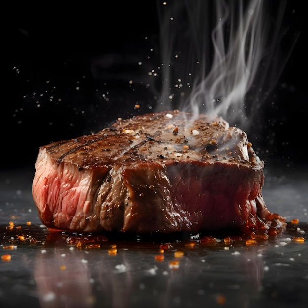 Grilled beef steak with smoke and spices on a dark background