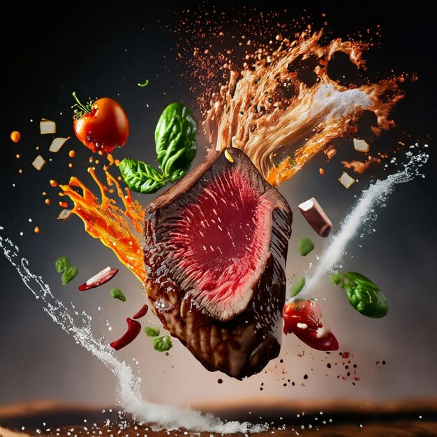 Photo grilled beef steak with spices on a black background beef steak on a fork sprinkled with seasalt