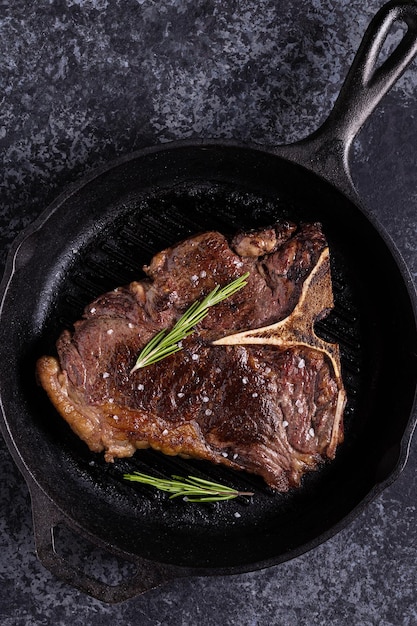 Grilled beef steak with spices in a frying pan