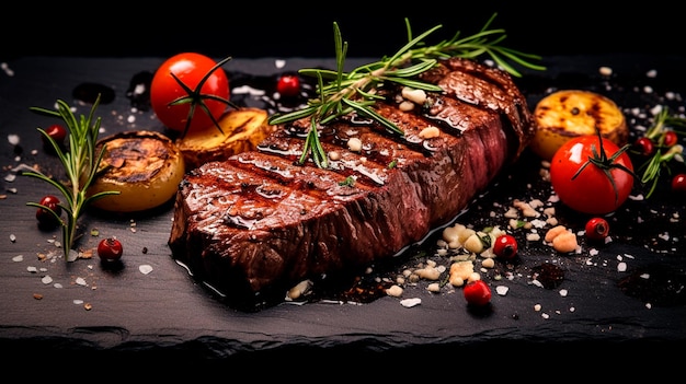 grilled beef steak with spices and rosemary on a black background