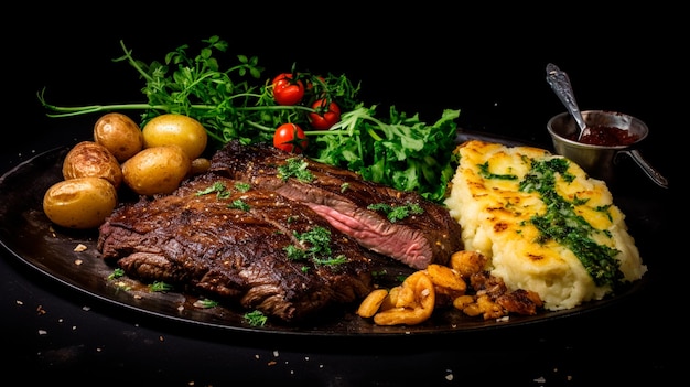 grilled beef steak with spices and rosemary on a black background