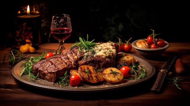 grilled beef steak with spices and rosemary on a black background