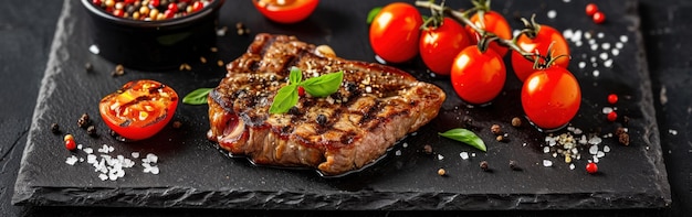 Grilled beef steak with spices and tomatoes on a black background Banner