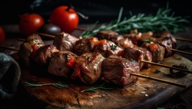 Grilled beef steak with tomato and vegetable skewer on plate generated by artificial intelligence