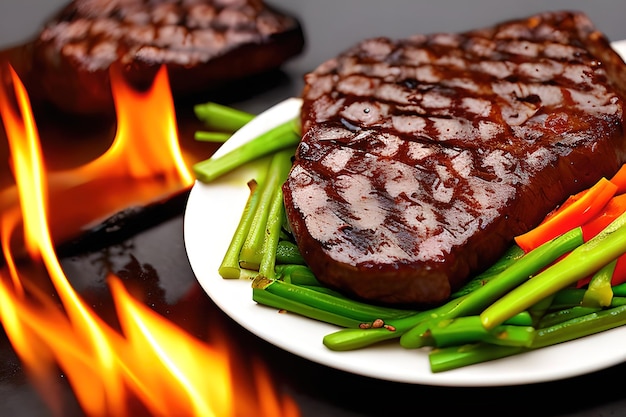 Grilled beef steak with vegetable on the flaming grill