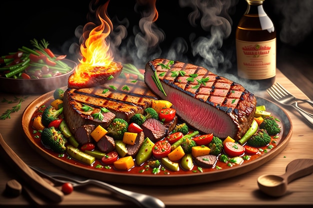 불타는 그릴에 야채와 구운 쇠고기 스테이크