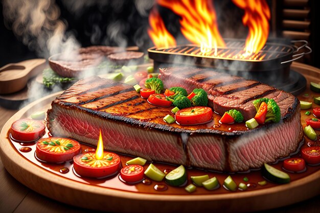 Grilled beef steak with vegetable on the flaming grill