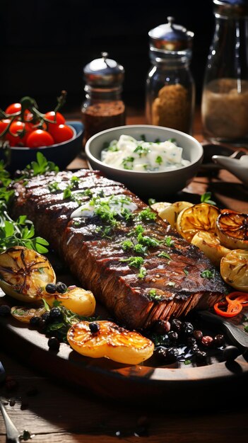 Grilled beef steak with vegetables on plate in restaurant Dark background