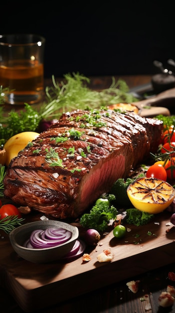 Photo grilled beef steak with vegetables on wooden cuttting board dark background