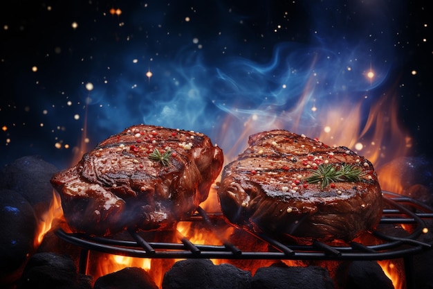 Grilled beef steaks on a barbecue grill with flames and smoke