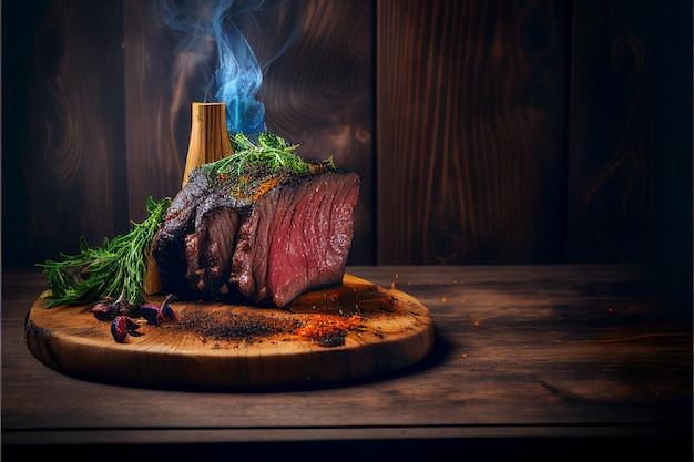 Grilled beef steaks medium rare with spices on wood plate Created with Generative AI technology