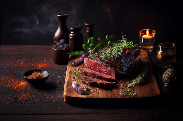 Grilled beef steaks medium rare with spices on wood plate Created with Generative AI technology