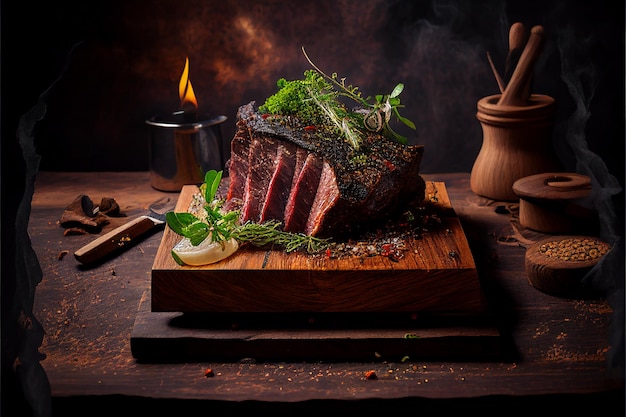 Grilled beef steaks medium rare with spices on wood plate Created with Generative AI technology