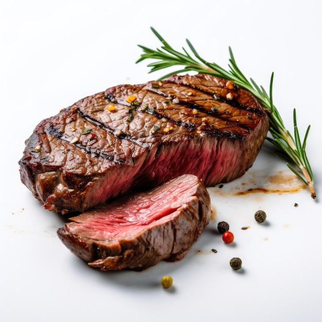 grilled beef steaks with spices isolated on white background