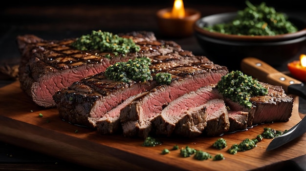 grilled beef steaks with spices on wooden cutting board