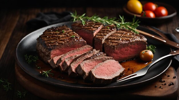 grilled beef steaks with spices on wooden cutting board