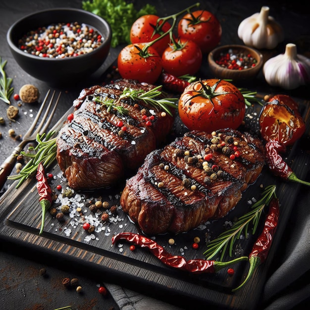 Grilled beef steaks with tomatoesspices and herbs on cutting board and black background