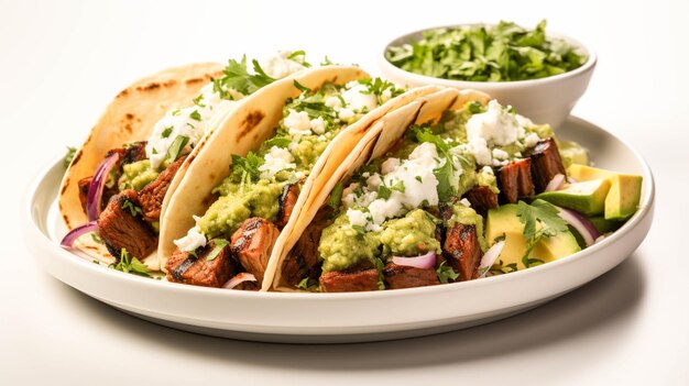 Grilled beef taco with fresh guacamole and cilantro on white plate