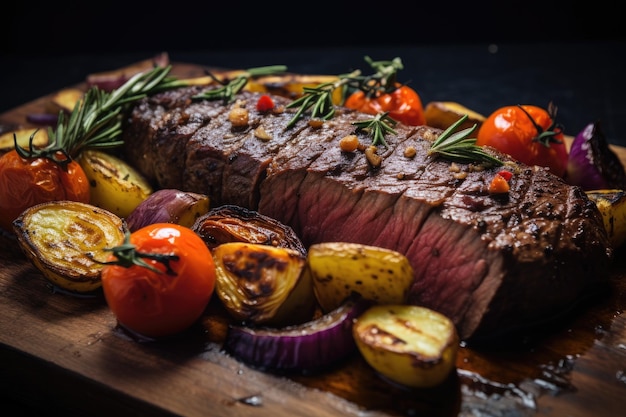 Grilled beefsteak with baked potatoes and vegetables on wooden board Succulent fillet steak and roast vegetables close up AI Generated