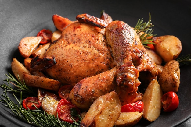 Grilled beer can chicken in pan with garnish, closeup