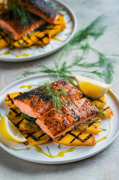 Grilled blackened salmon fillet with grilled butternut squash